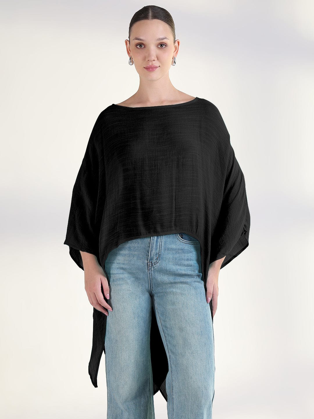 Women's Black Boat Neck Longline Top