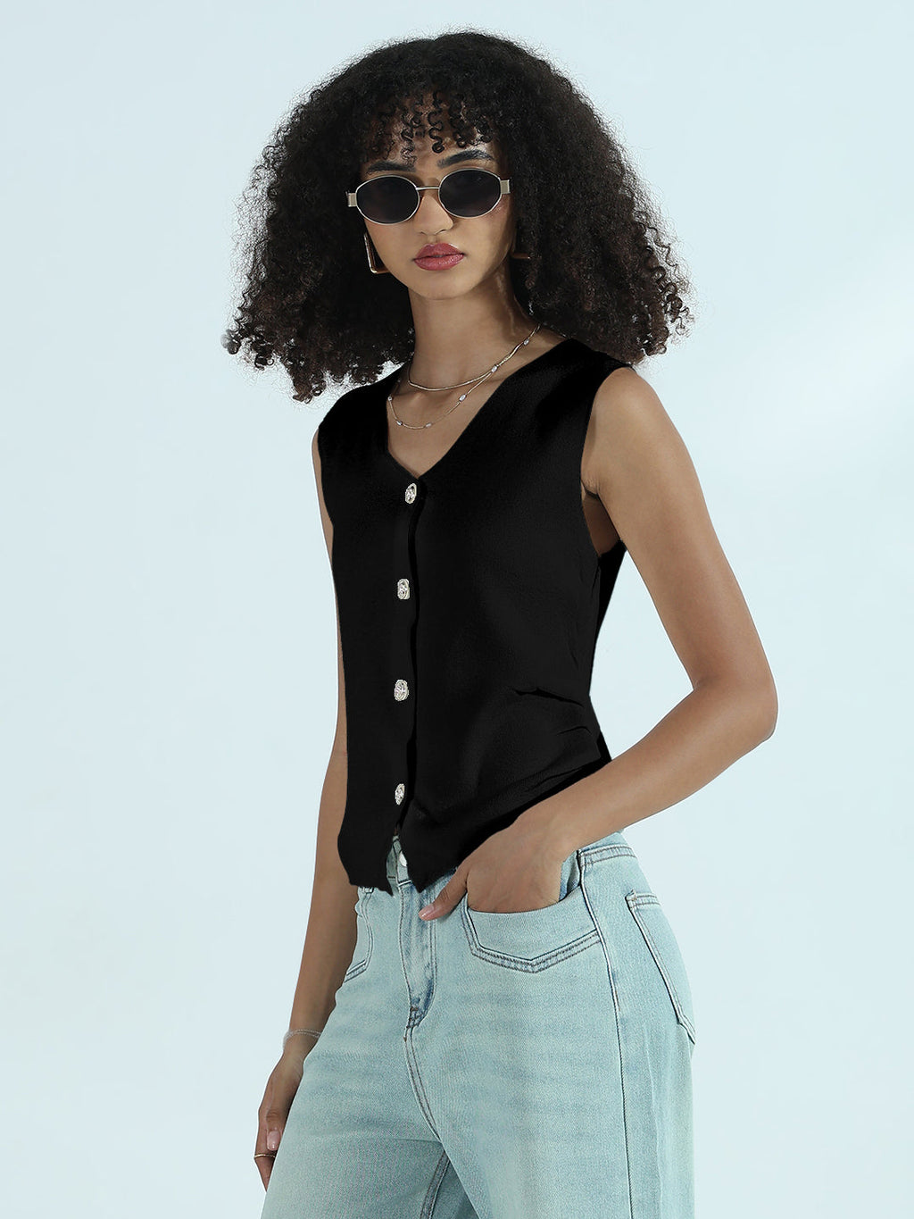 Women's Black Vest Top with Buttons