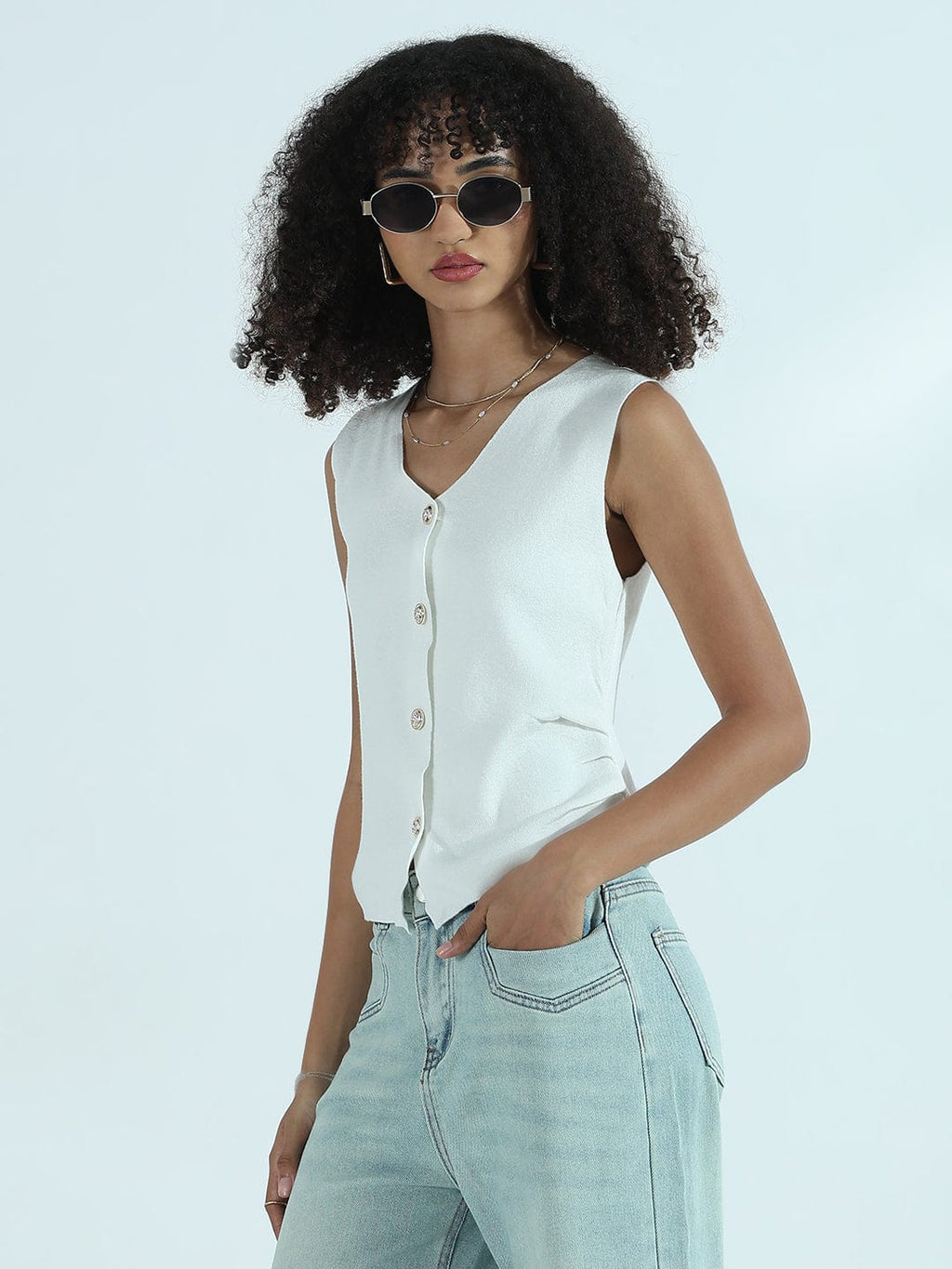 Women's White Vest Top with Gold Buttons
