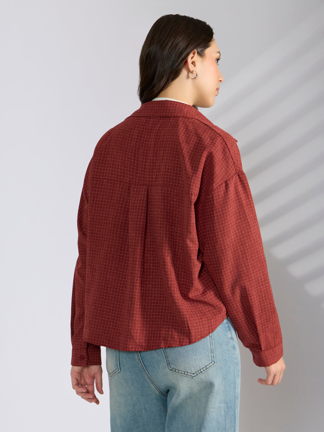 Women's Checked Maroon Oversized Top with Chain