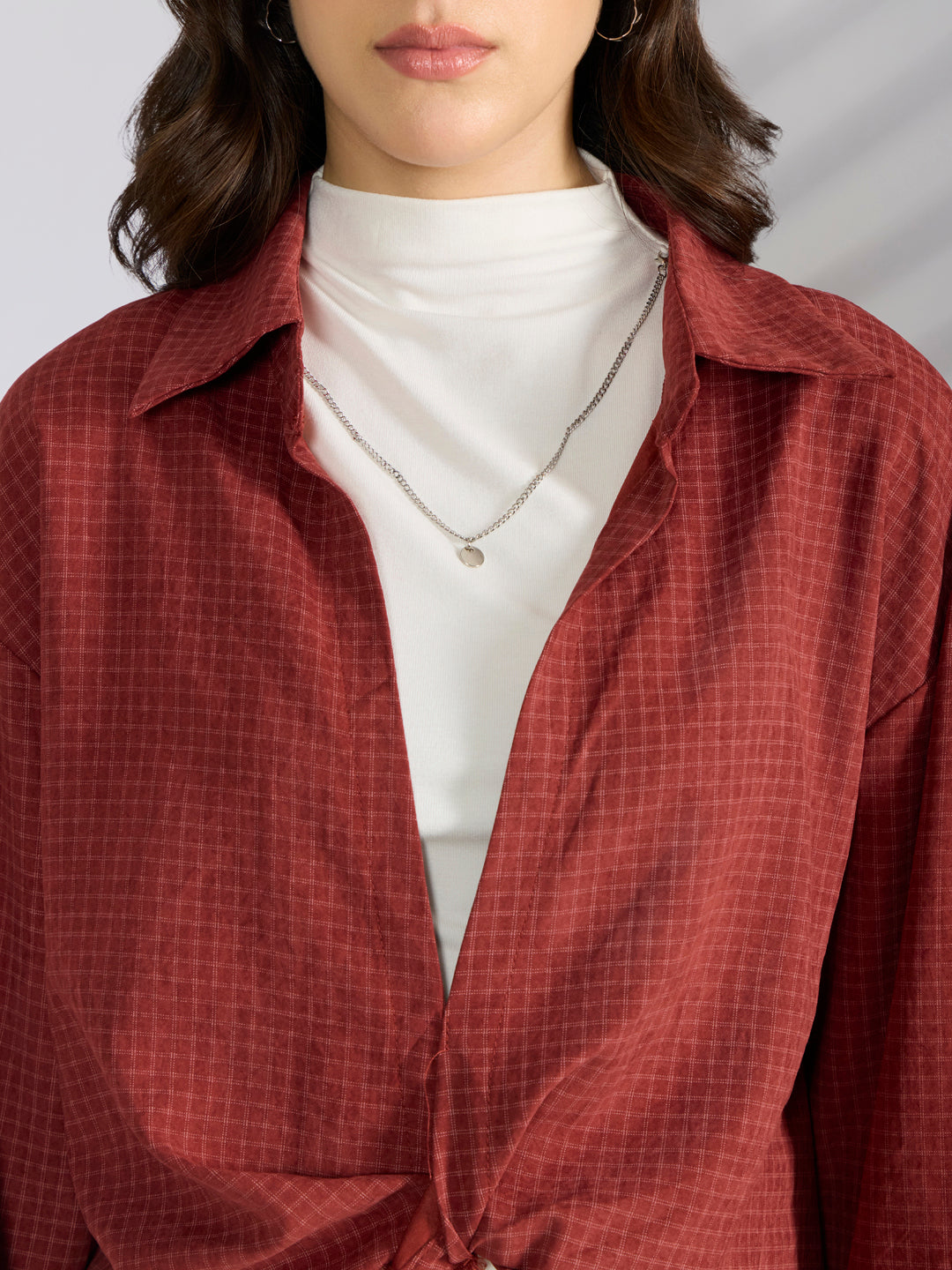 Women's Checked Maroon Oversized Top with Chain