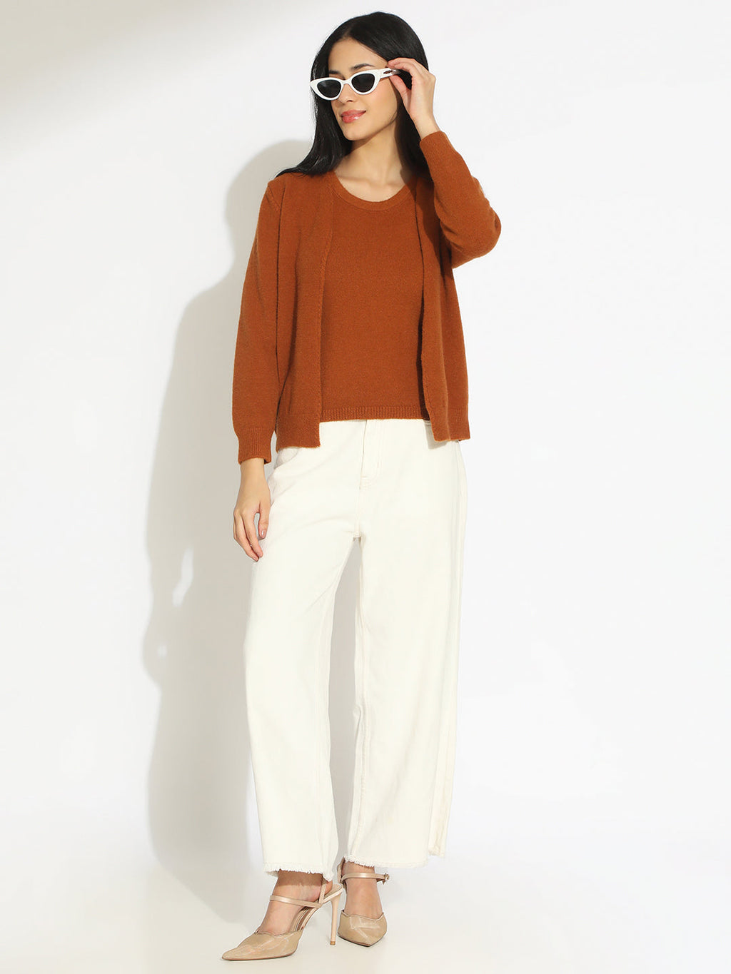 Women's Knitted Brown Sleeveless Top with Shrug