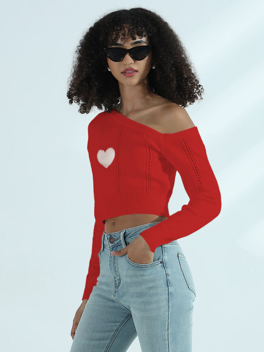 Women’s White One-Shoulder Cropped Knit Top with Heart Detail