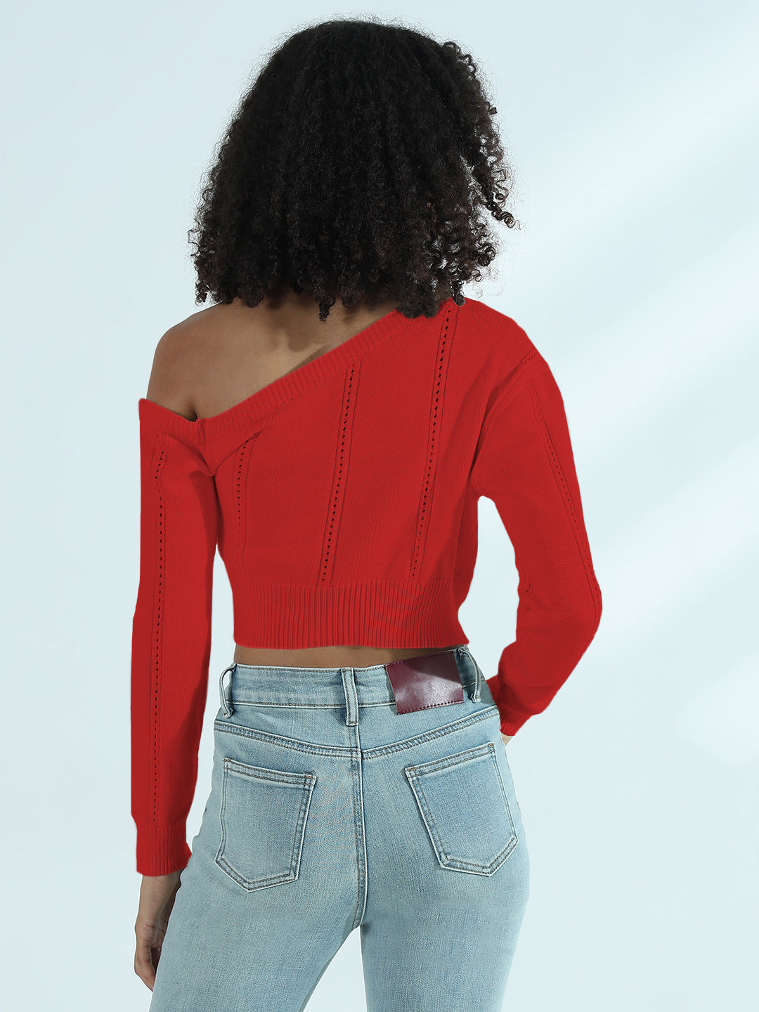 Women’s White One-Shoulder Cropped Knit Top with Heart Detail