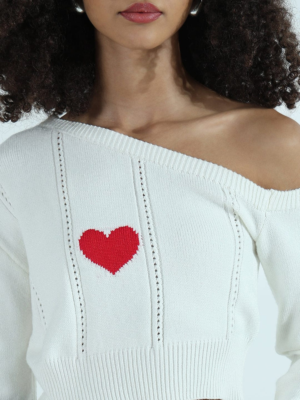 Women's Ribbed White Off Shoulder Crop Top with Heart