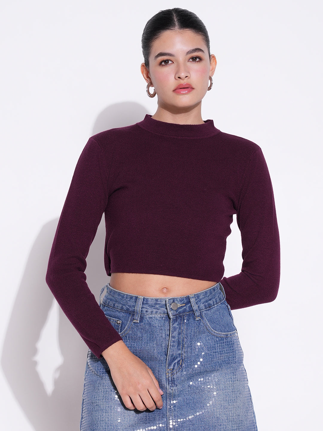 Women's Purple Round Neck Crop Top