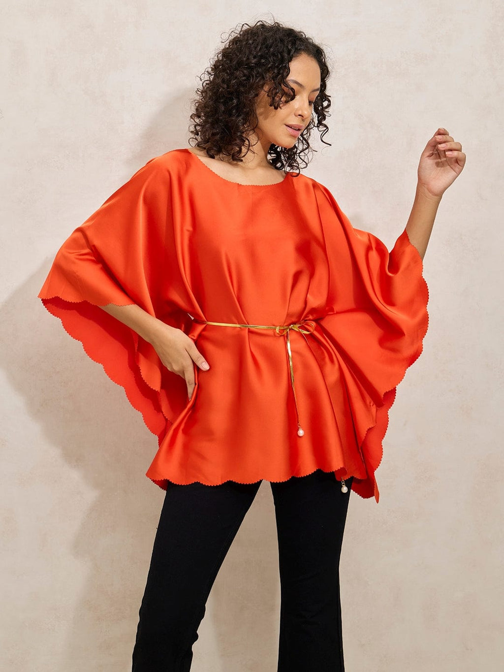 Women's Red Kaftan Top with Waist Tie-Up