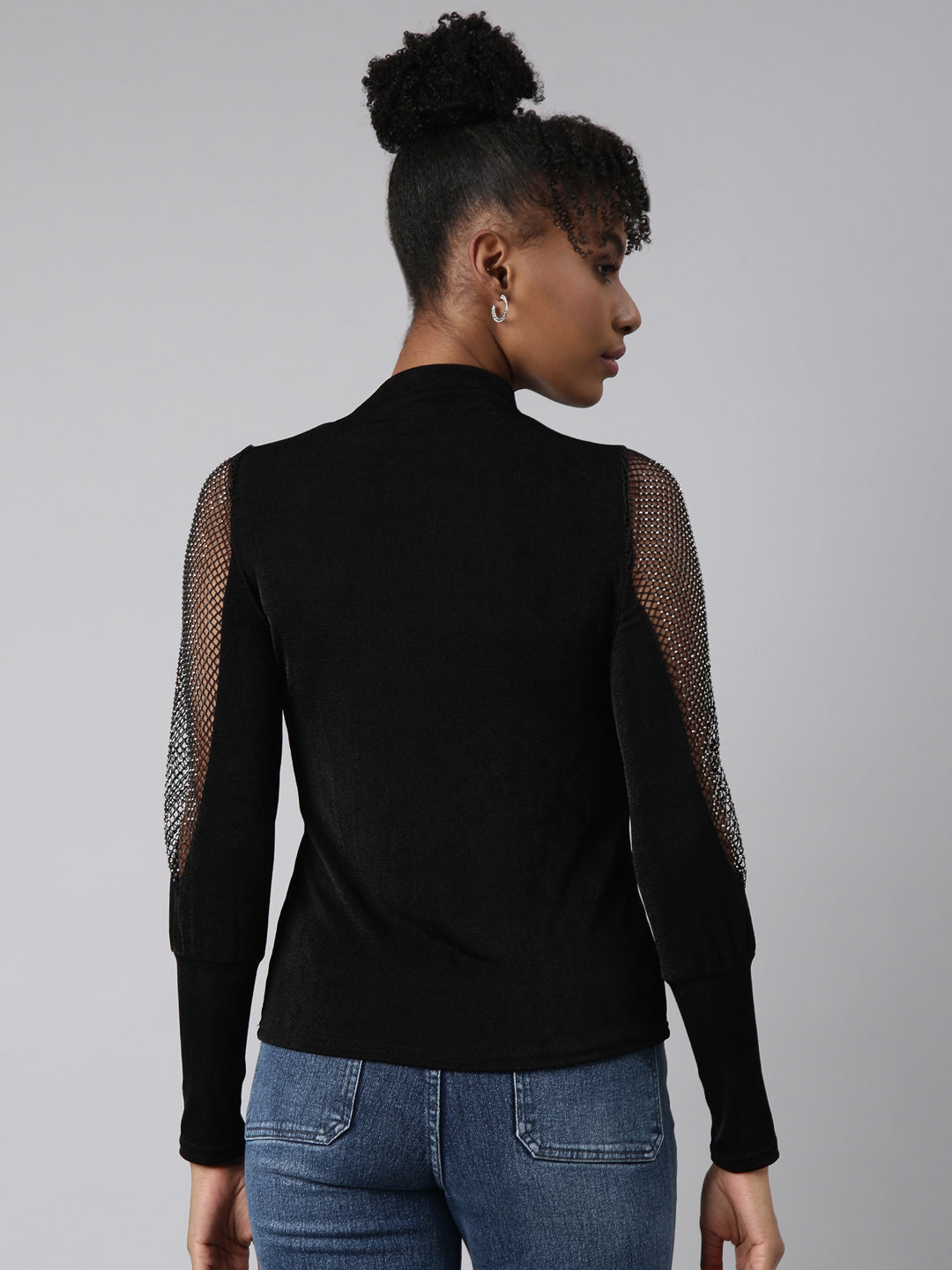 Women's Black High Neck Studded Fitted Top