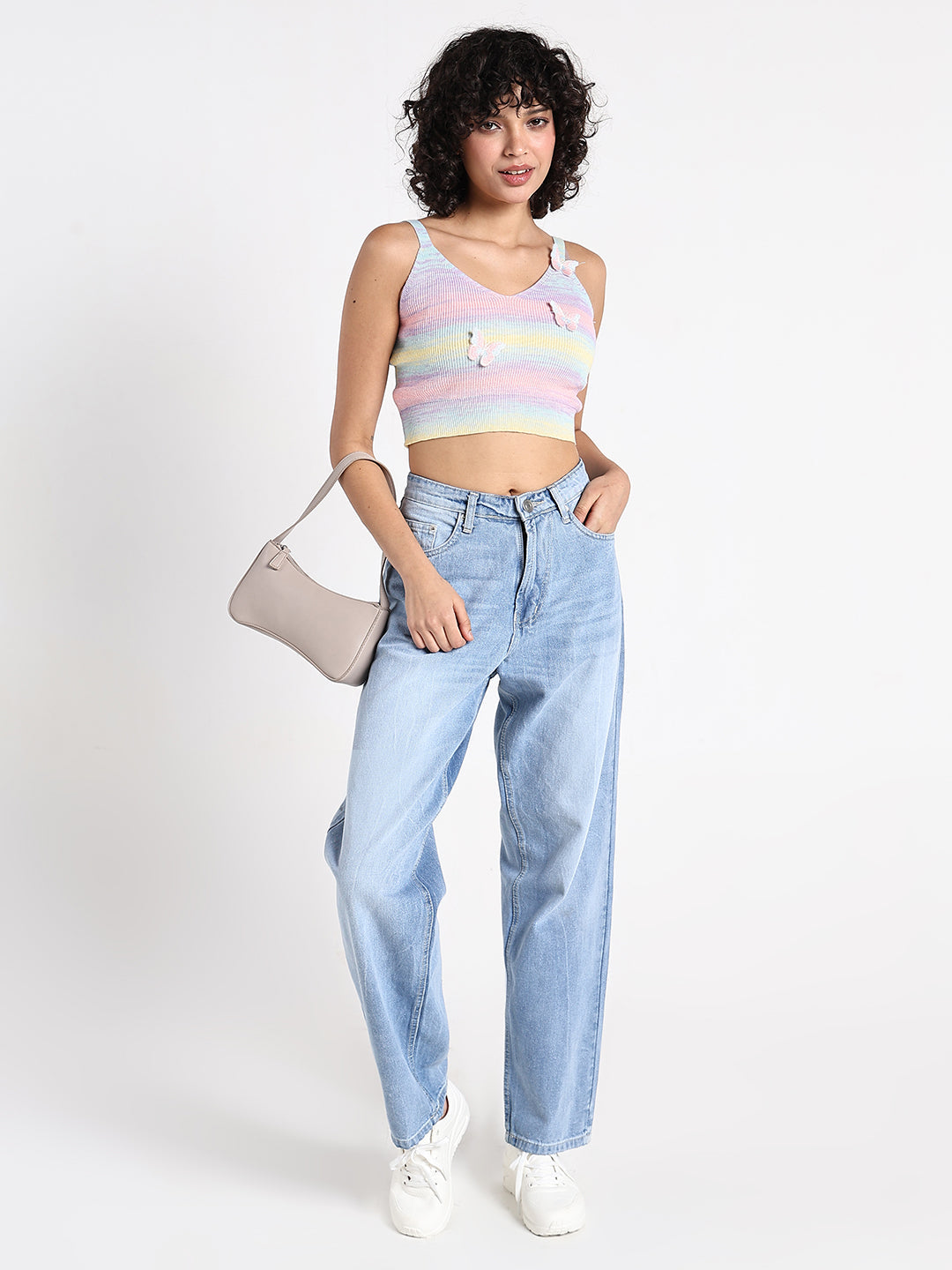 Women's Multi Ombre Knit Crop Top with 3D Butterfly Embellishments