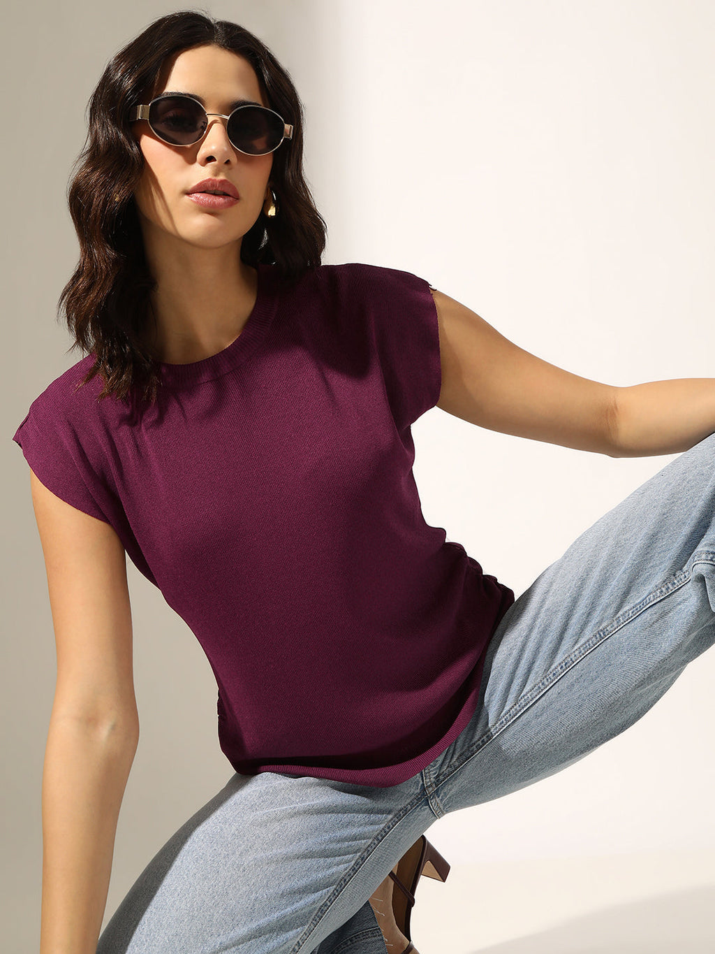 Women's Knitted Purple Top with Side Ruched Detail