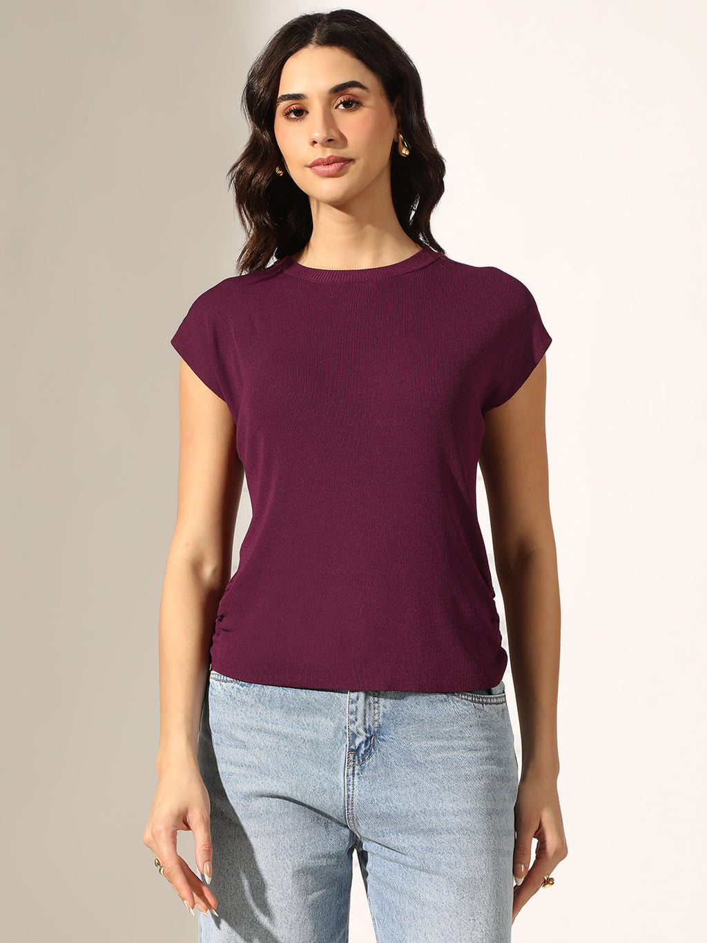 Women's Knitted Purple Top with Side Ruched Detail