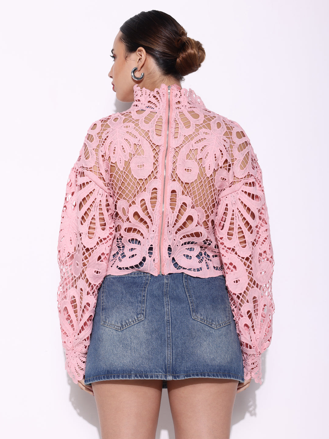 Women's Embroidered Peach High Neck Lace Top with Cut Out Detail