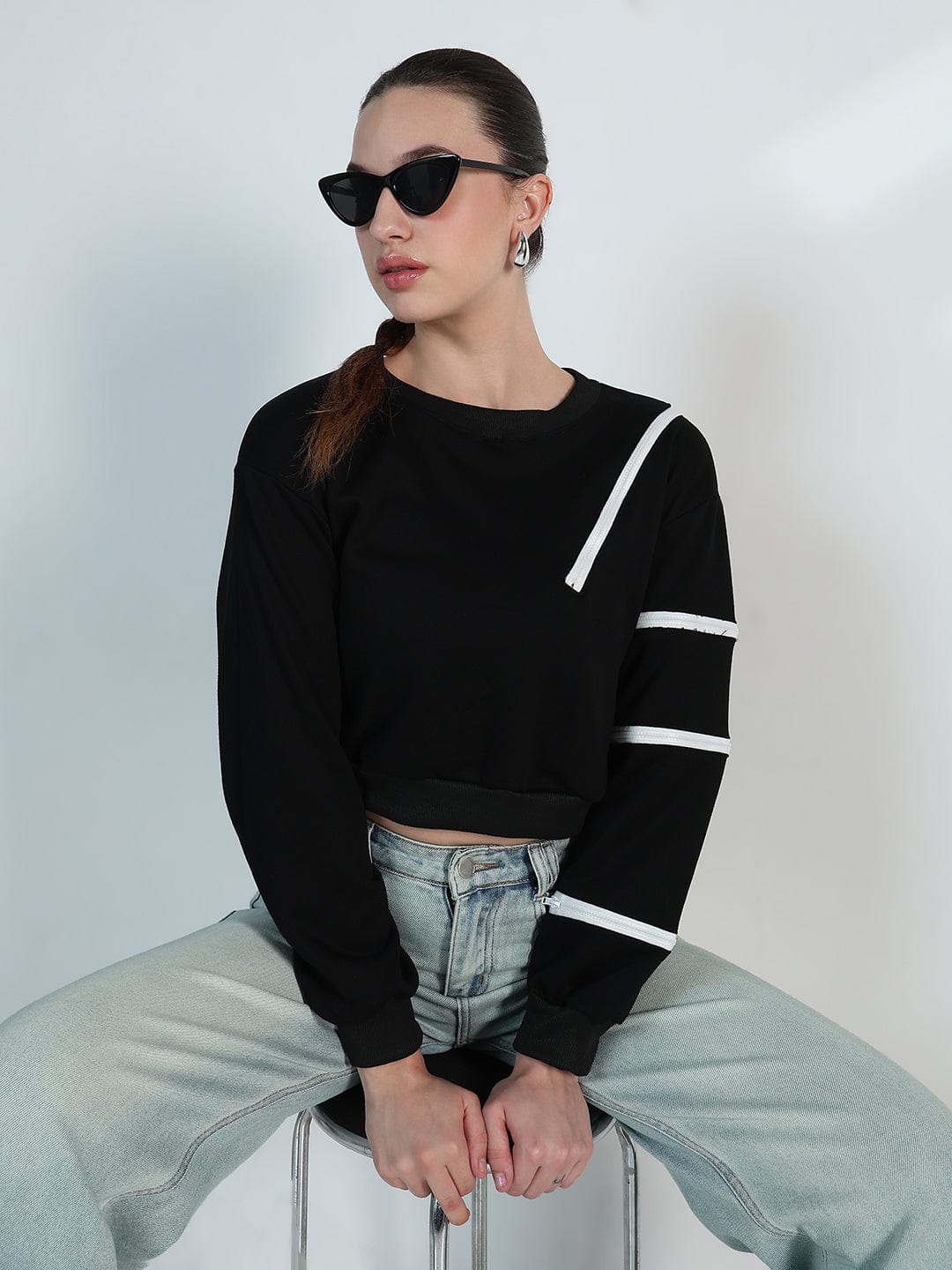 Women's Black Oversized Short Top with White Zipper Detail