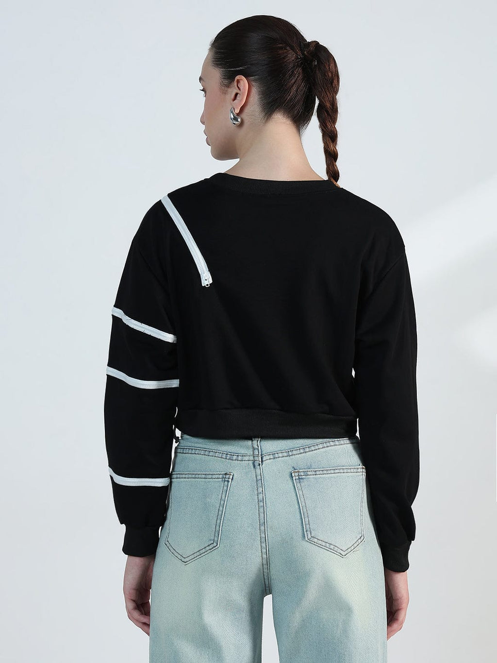 Women's Black Oversized Short Top with White Zipper Detail