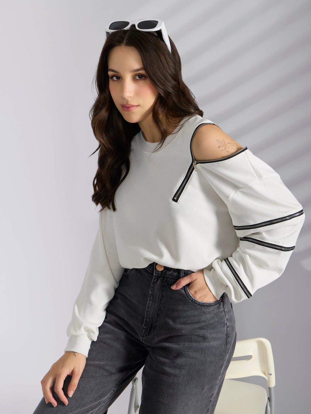 Women's White Oversized Short Top with Black Zipper Detail