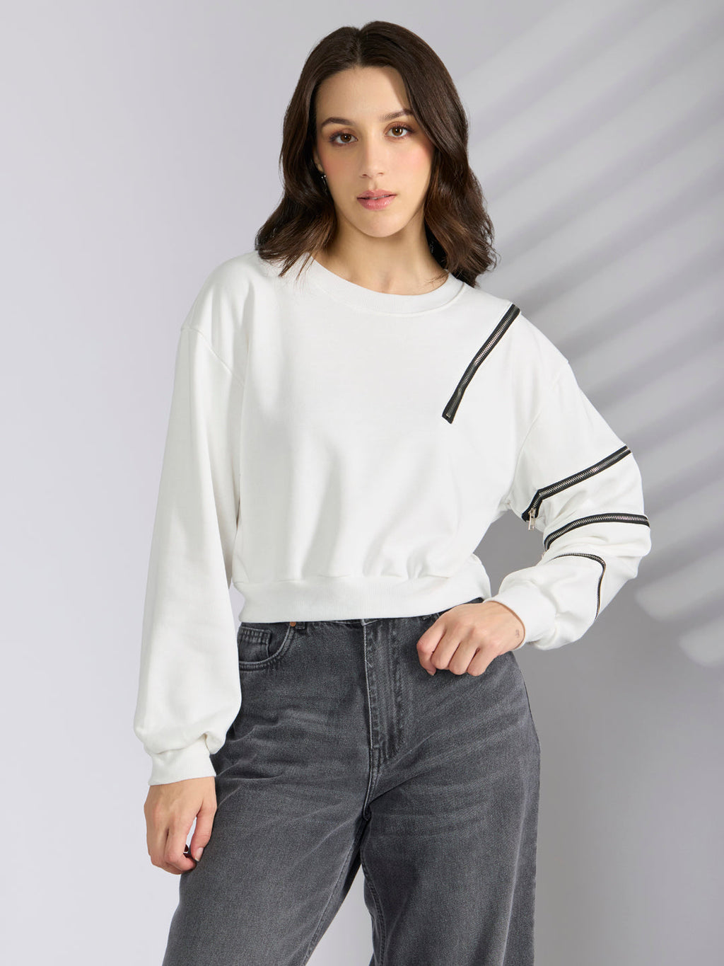 Women's White Oversized Short Top with Black Zipper Detail