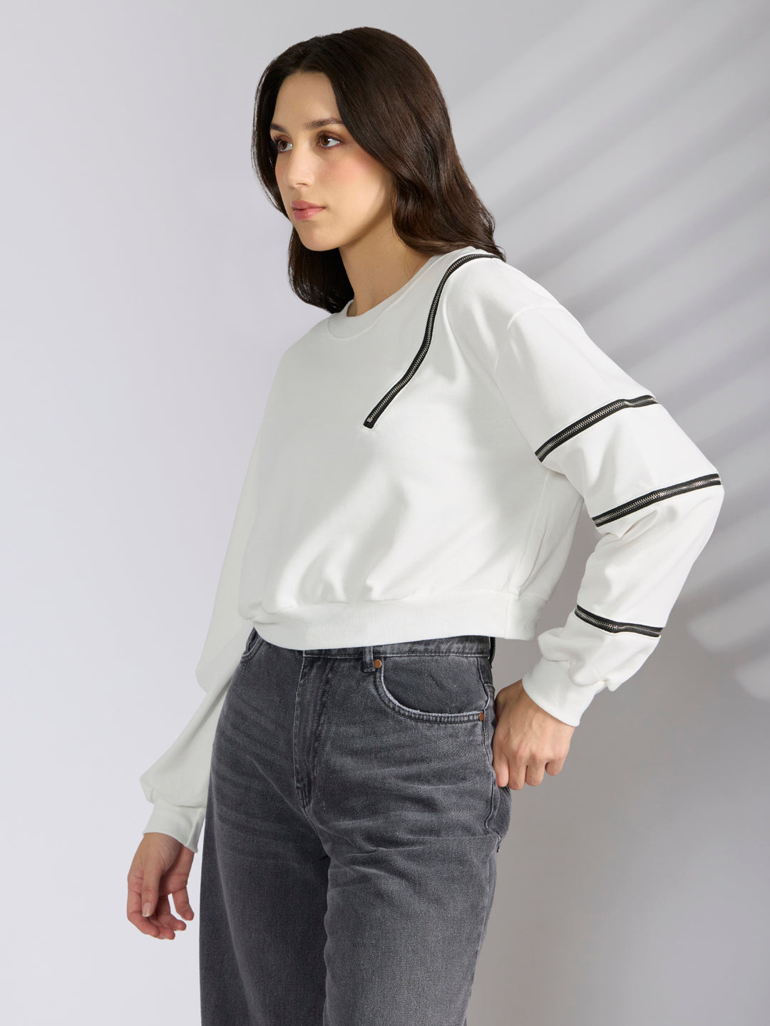 Women's White Oversized Short Top with Black Zipper Detail