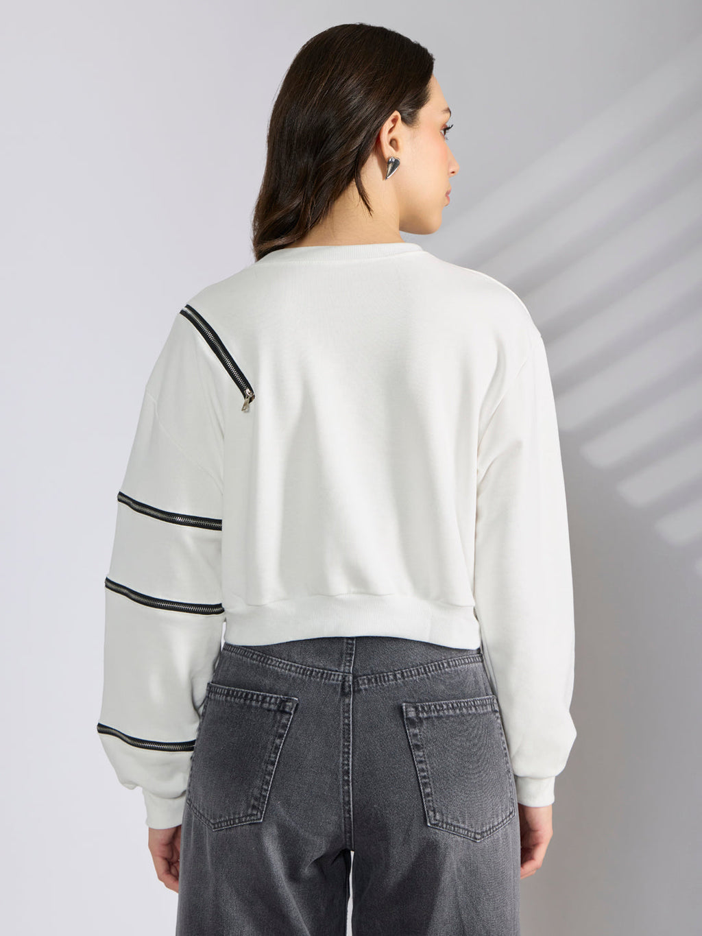 Women's White Oversized Short Top with Black Zipper Detail