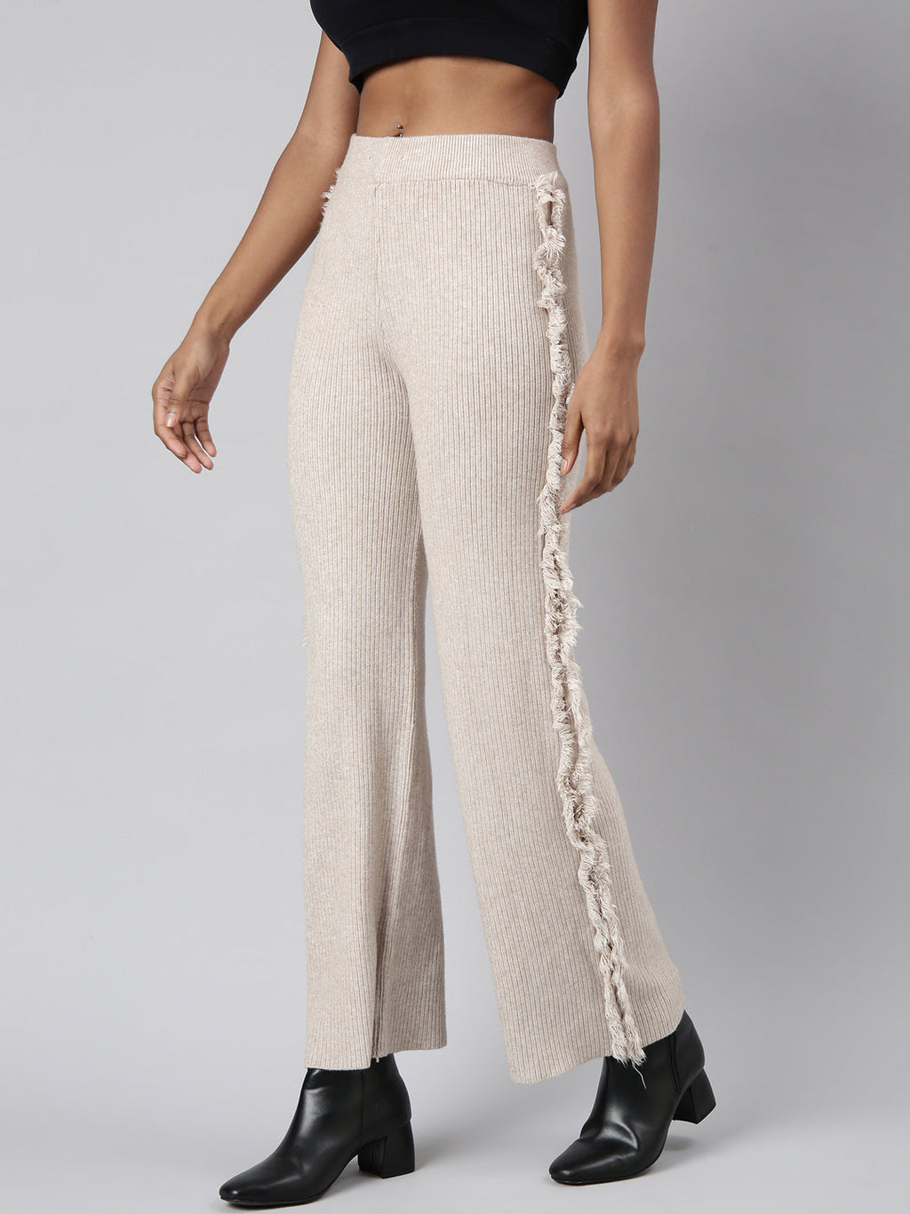 Women's Beige Mid-Rise Comfort Straight Fit Casual Trousers
