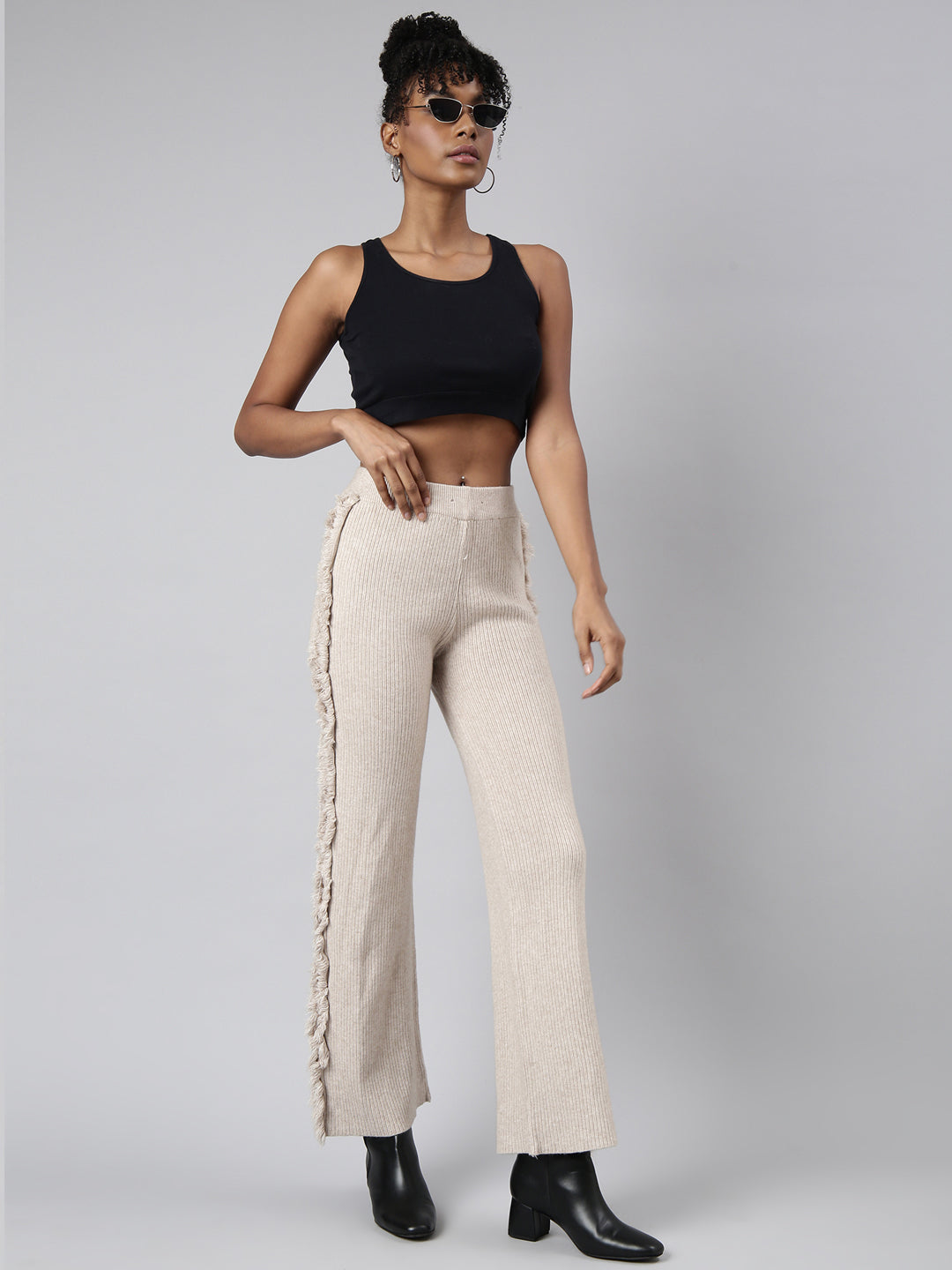 Women's Beige Mid-Rise Comfort Straight Fit Casual Trousers