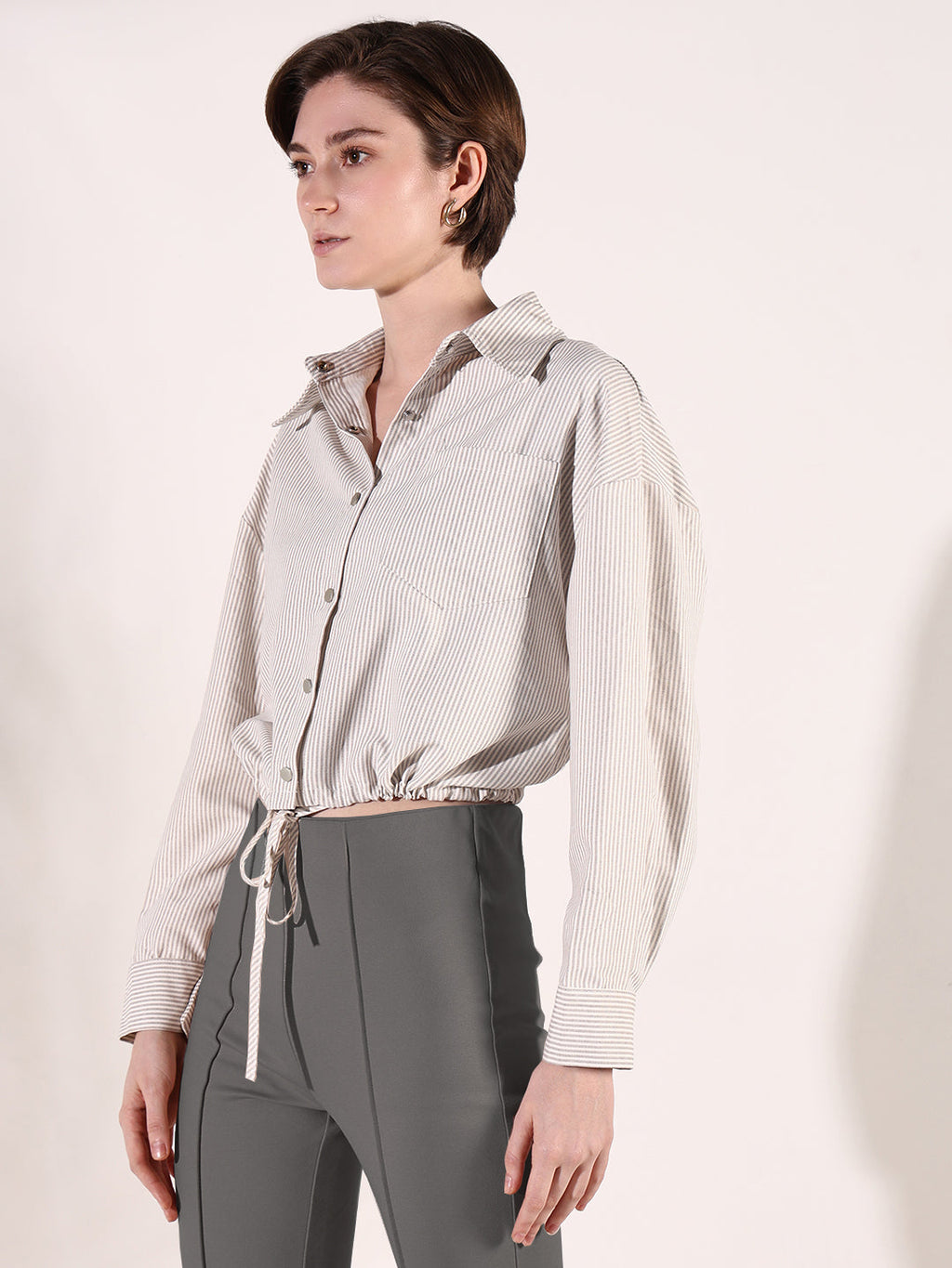 Women's Beige Striped Cotton Shirt Style Crop Top