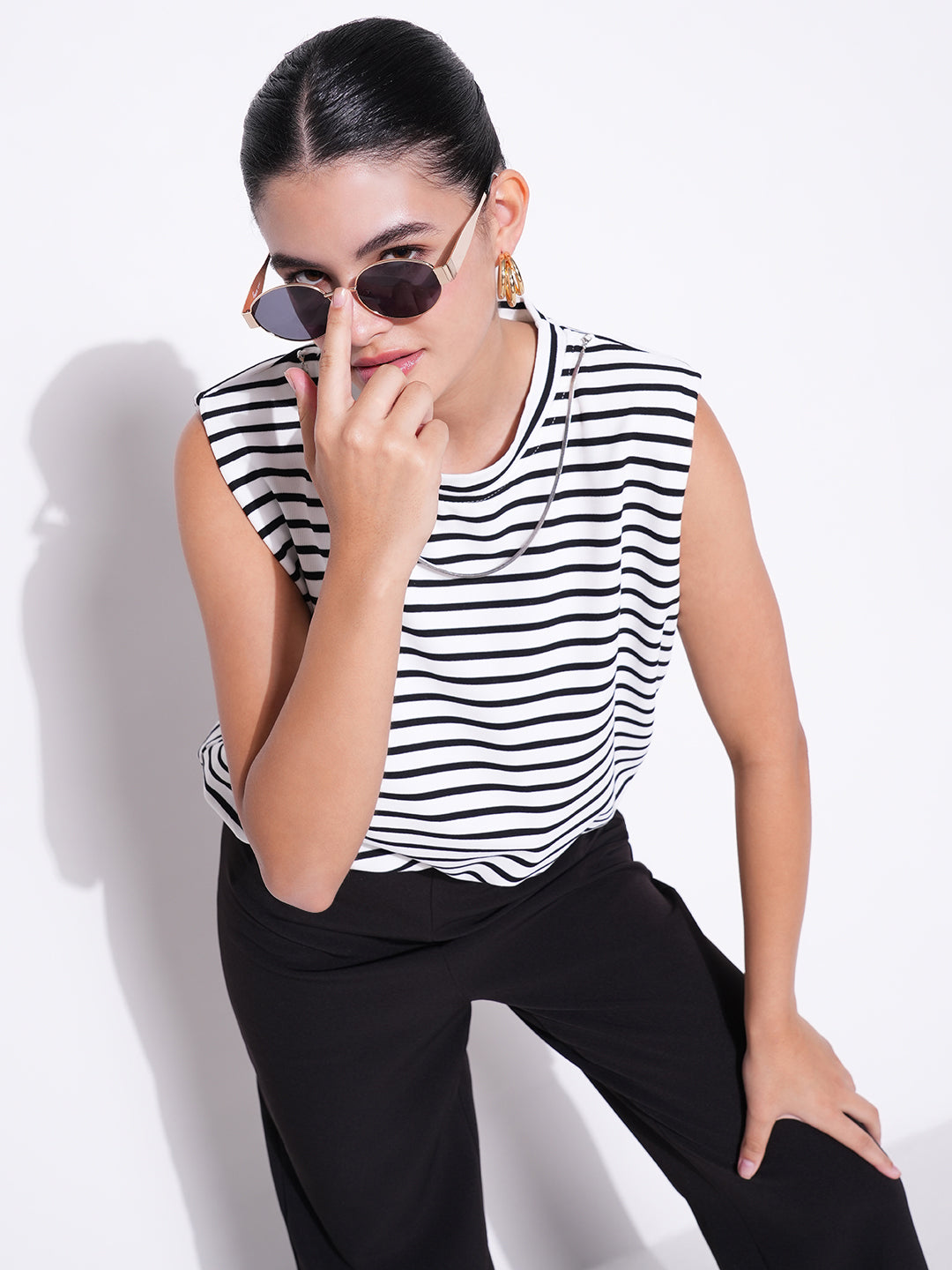 Women's White Striped Top with Chain
