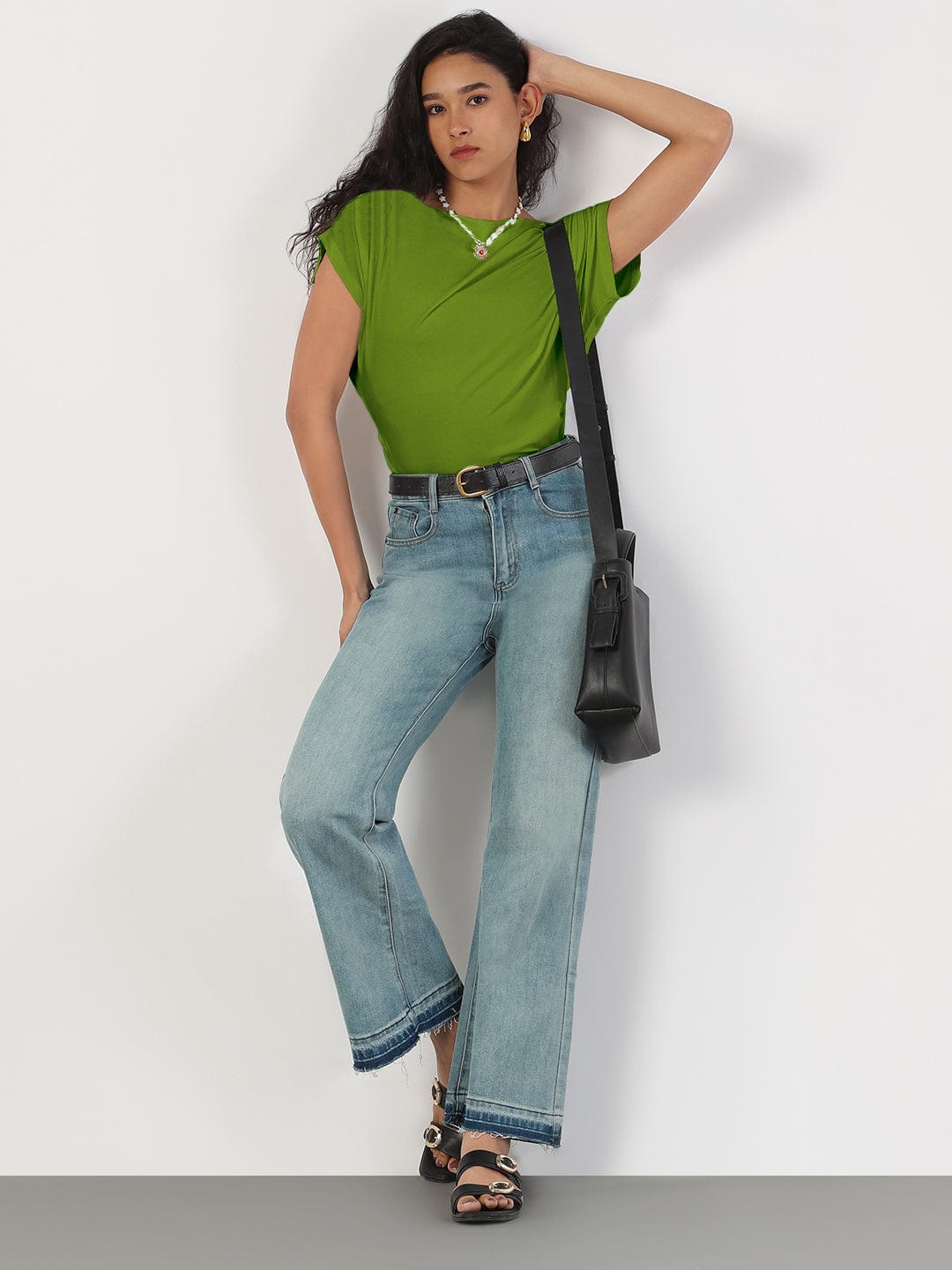Women's Green Boat Neck Top
