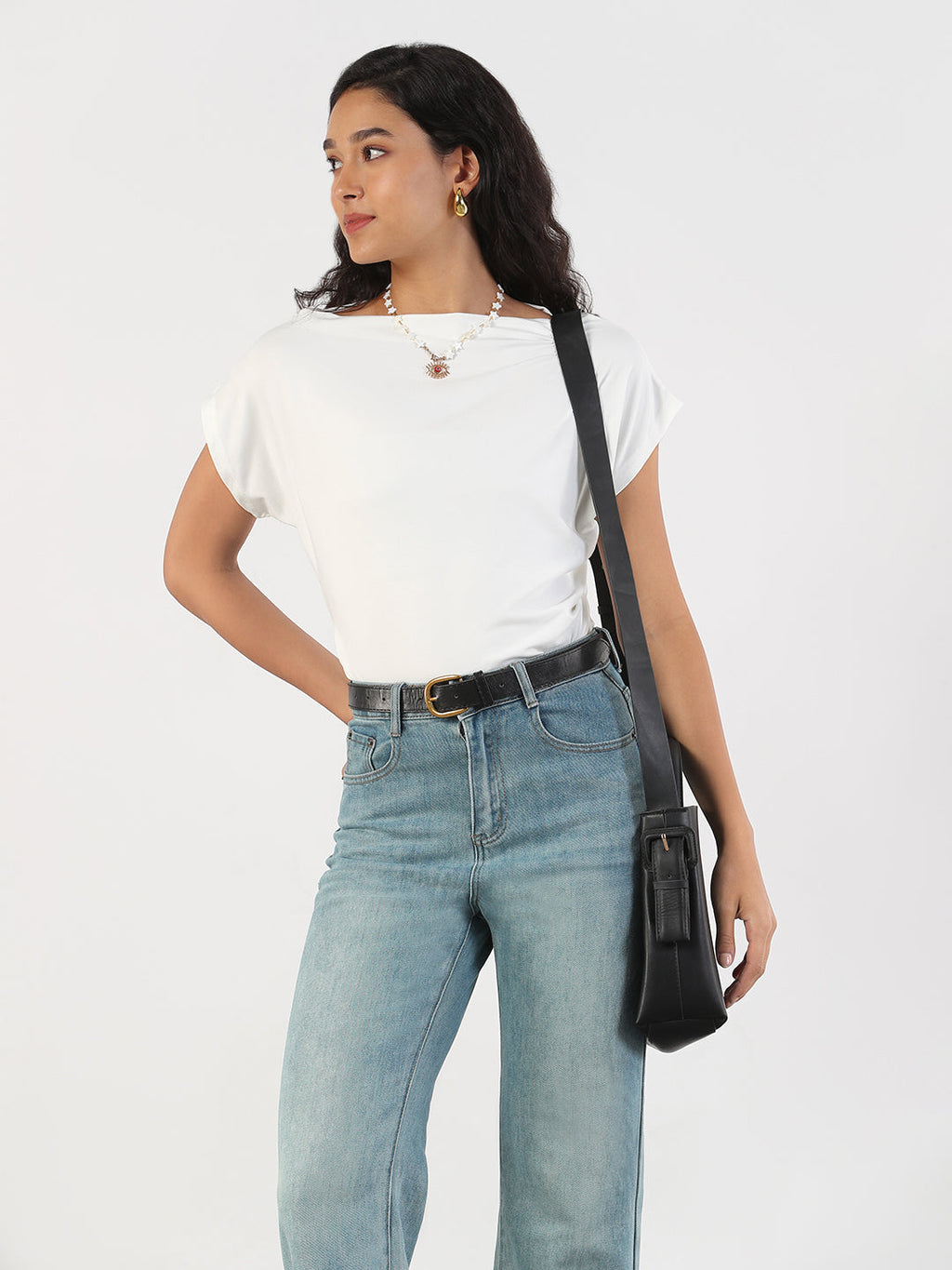 Women's Casual Solid Boat Neck White Top