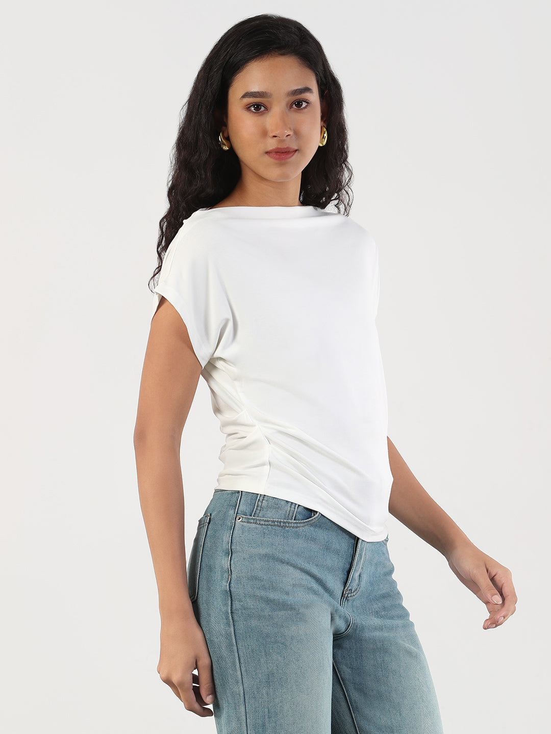 Women's Casual Solid Boat Neck White Top