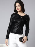 Women's Black Tie-Up Neck Fitted Top