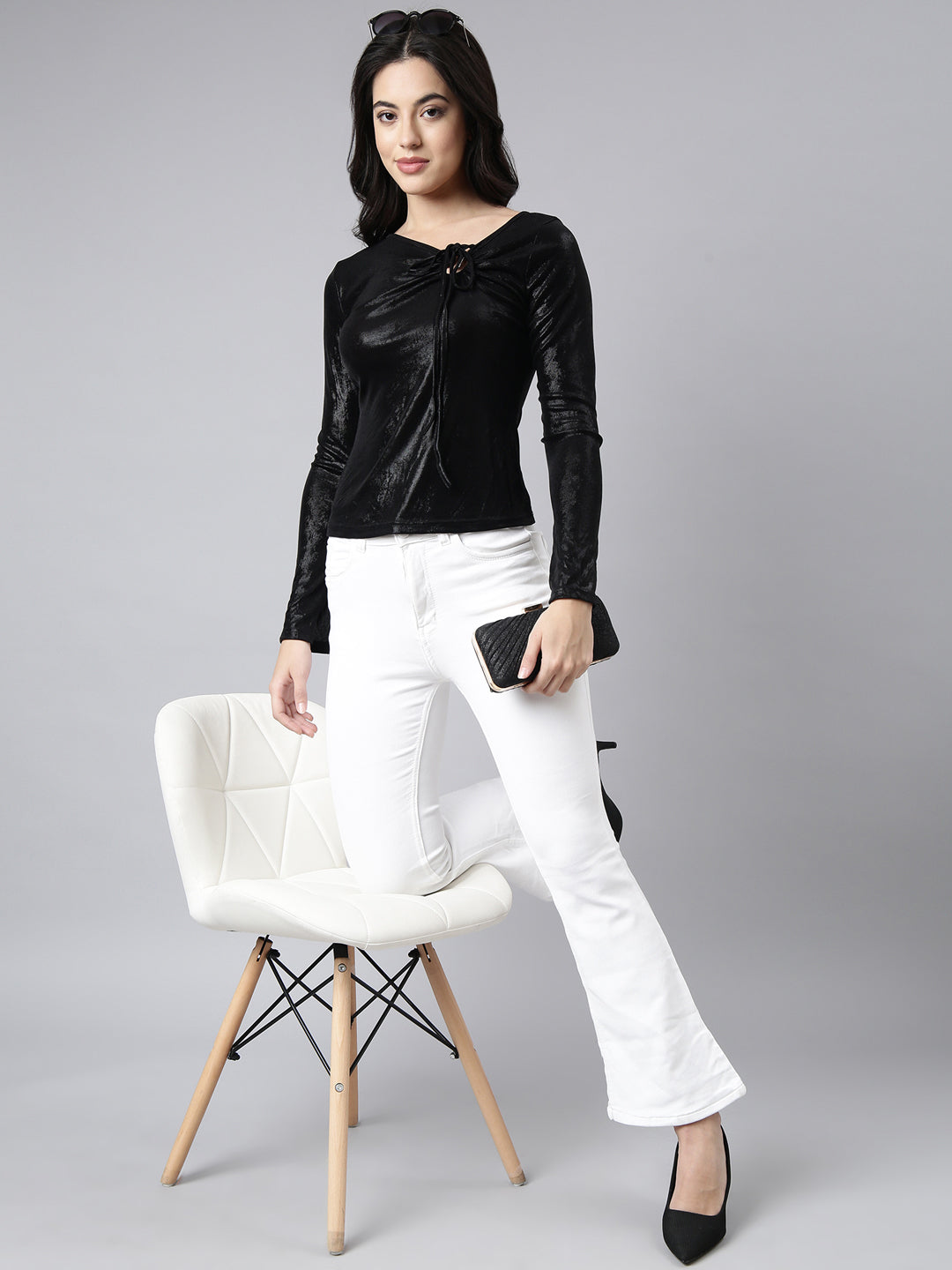 Women's Black Tie-Up Neck Fitted Top
