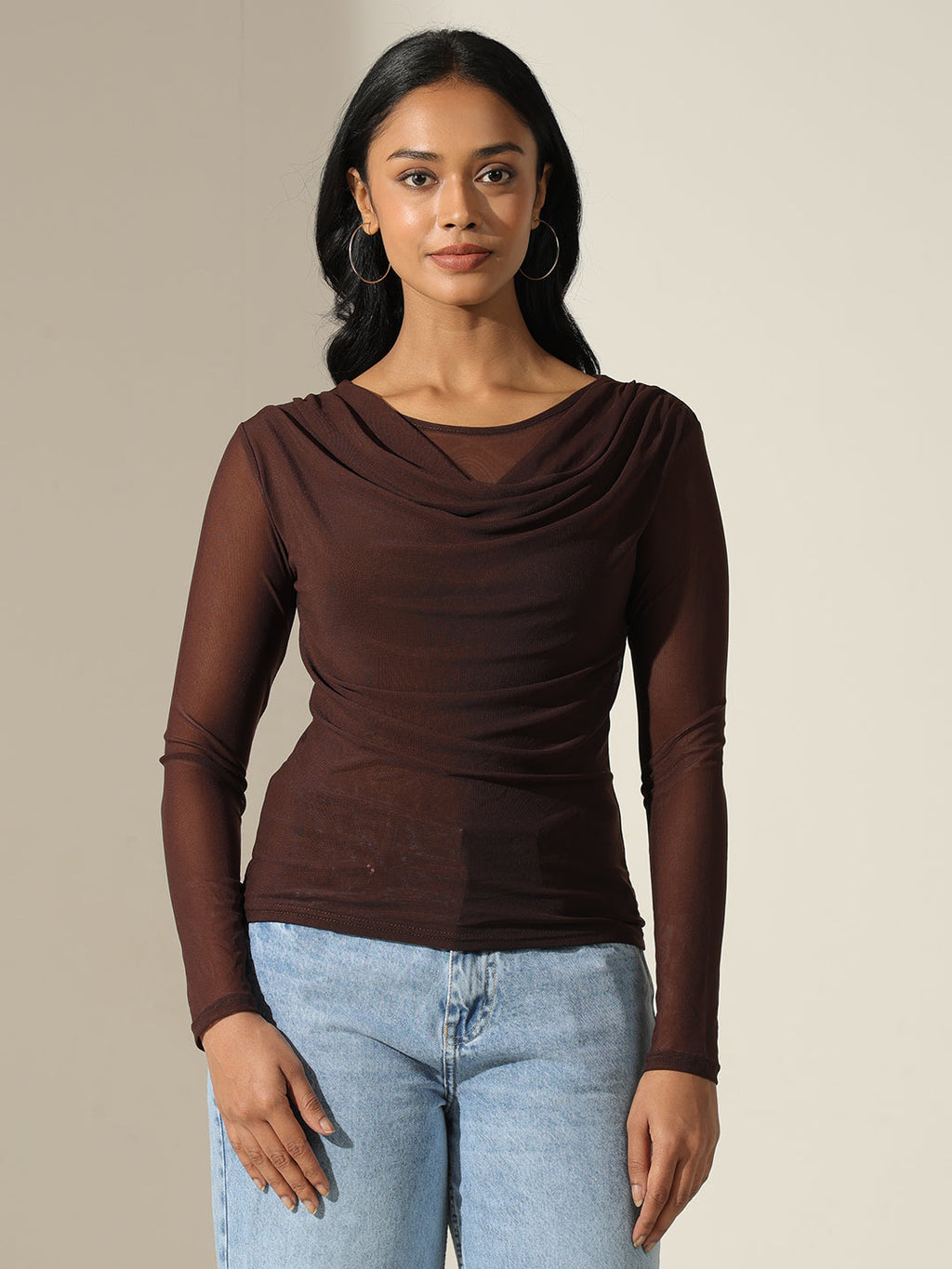 Women's Sheer Brown Drape-Neck Mesh Top