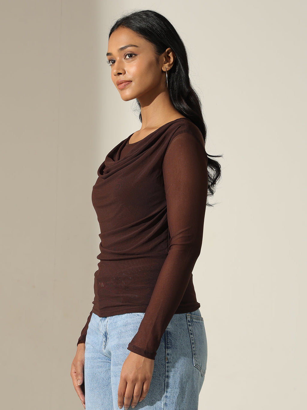 Women's Sheer Brown Drape-Neck Mesh Top