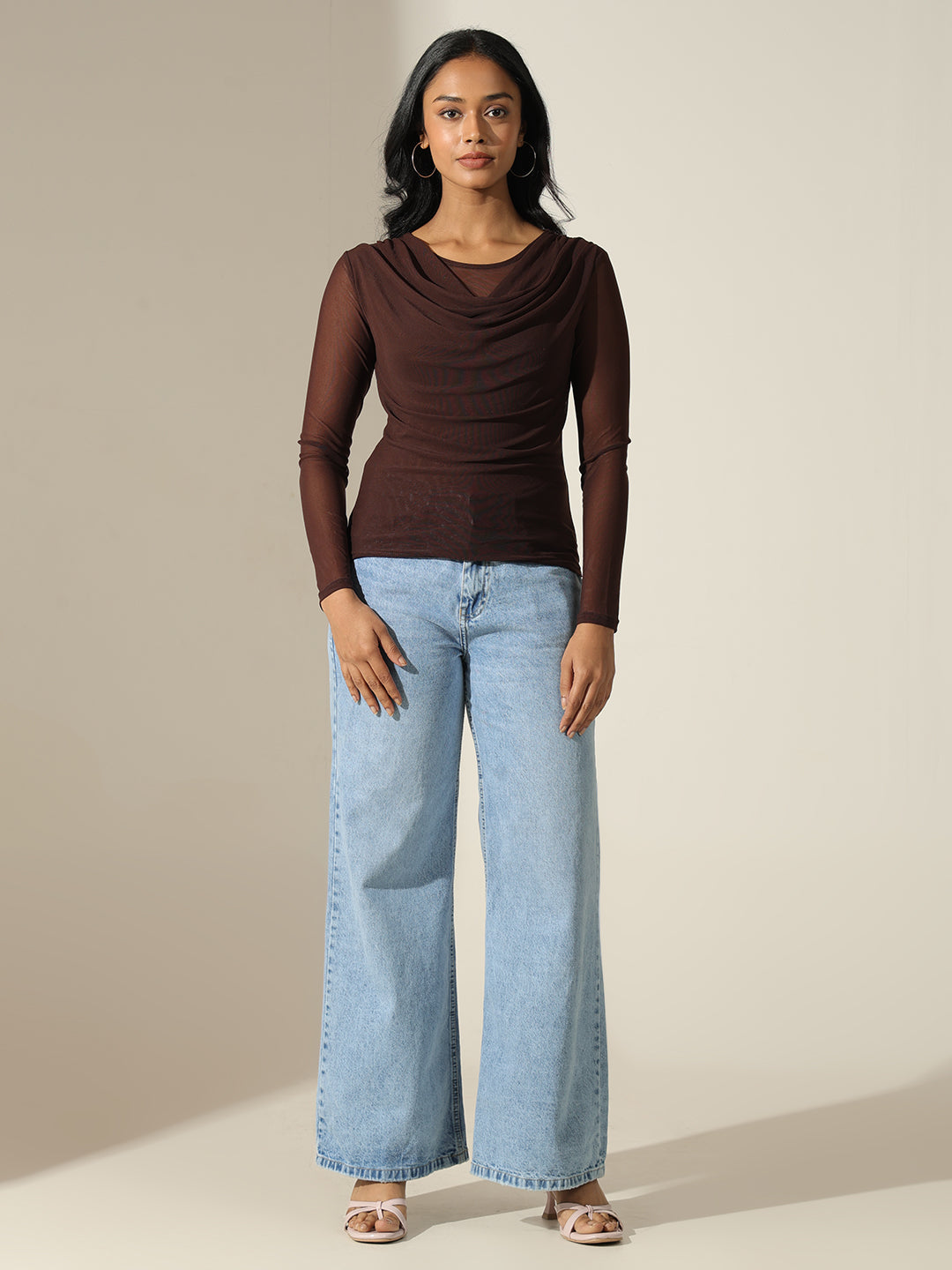 Women's Sheer Brown Drape-Neck Mesh Top
