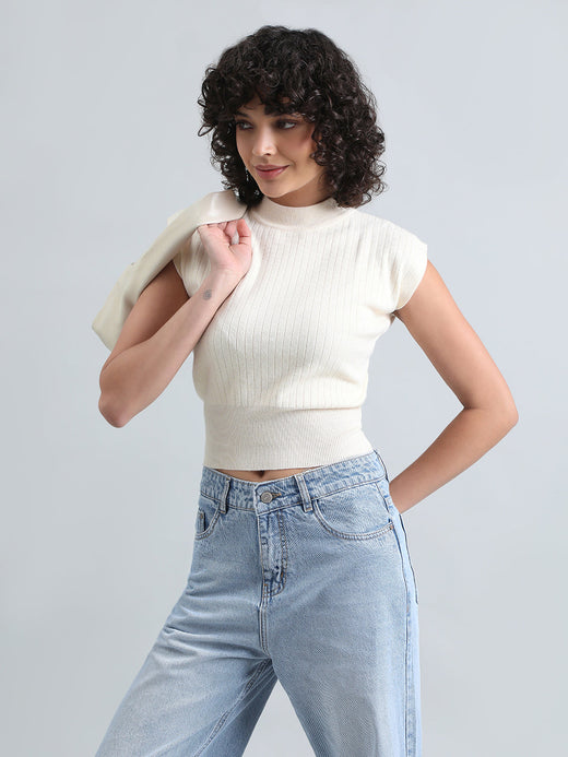 Women's Cream Ribbed Mock Neck Sleeveless Top