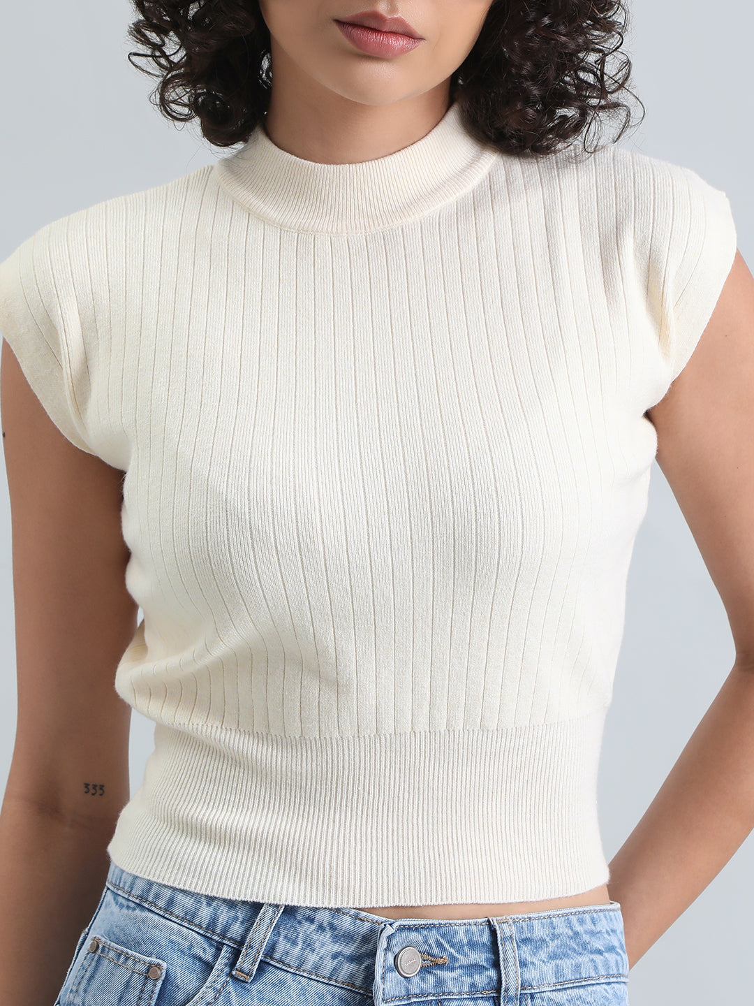 Women's Cream Ribbed Mock Neck Sleeveless Top