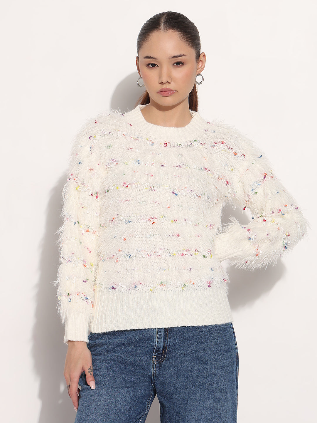 Women's Cream Round Neck Knitted Fuzzy Top
