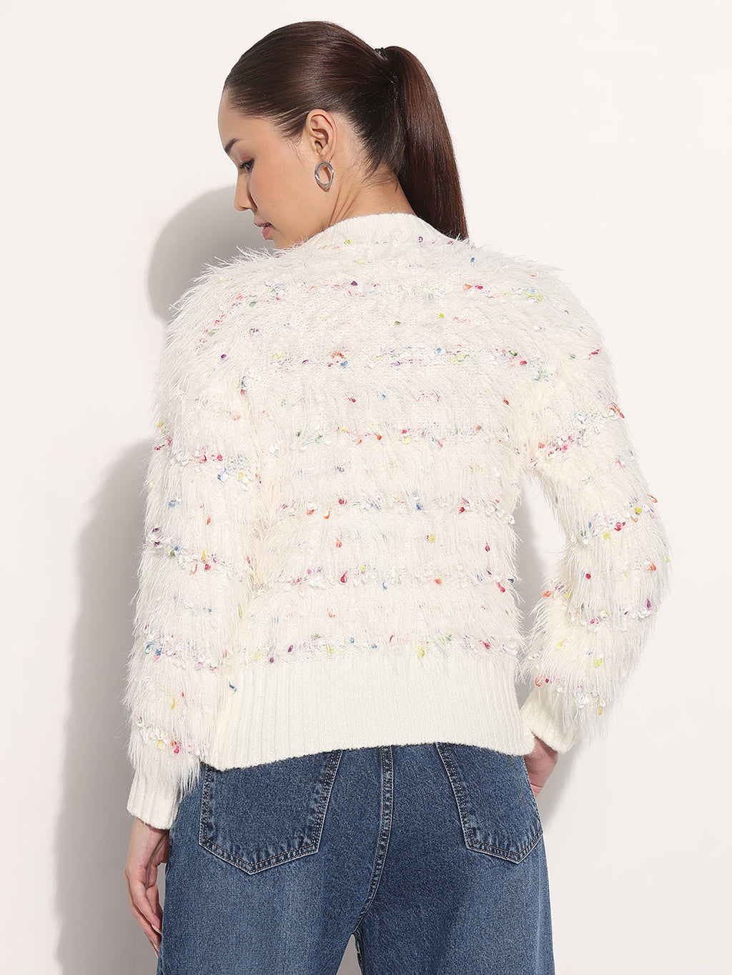 Women's Cream Round Neck Knitted Fuzzy Top