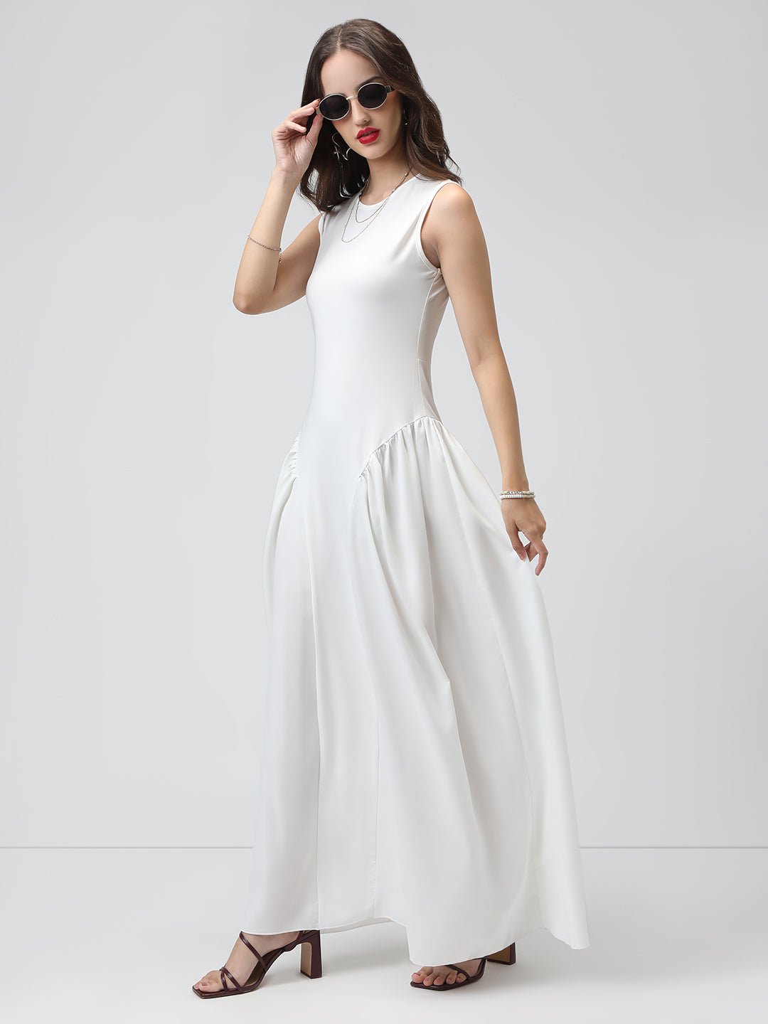 Women's White Sleeveless Fit and Flare Maxi Dress