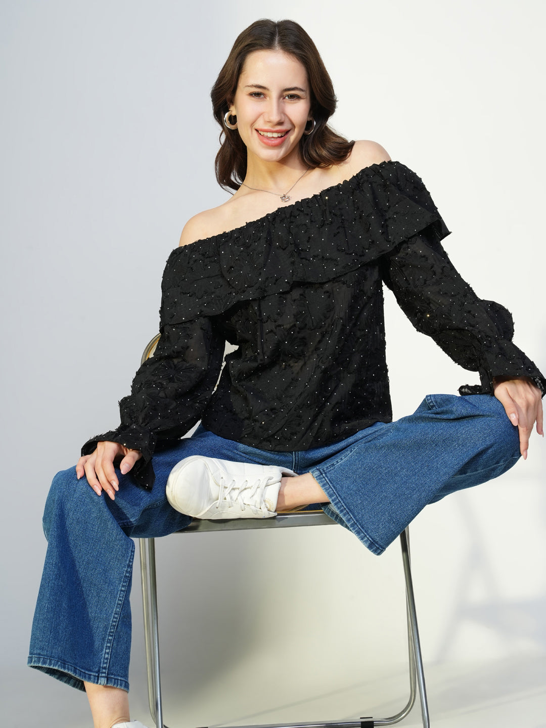 Women's Black Floral Embellished Off-Shoulder Puff Sleeve Layered Top