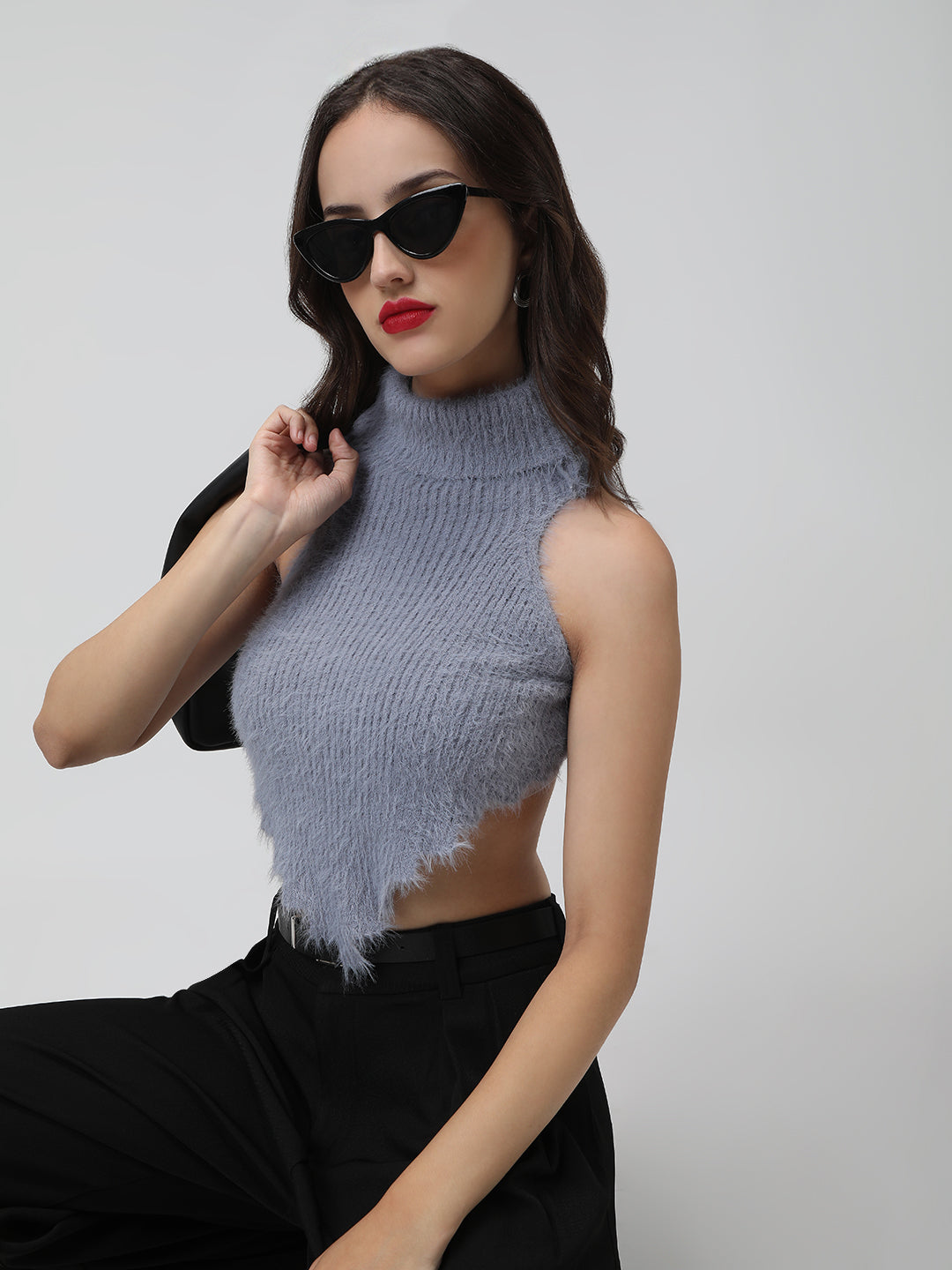 Women's Grey Fuzzy Ribbed Backless Halter Neck Crop Top