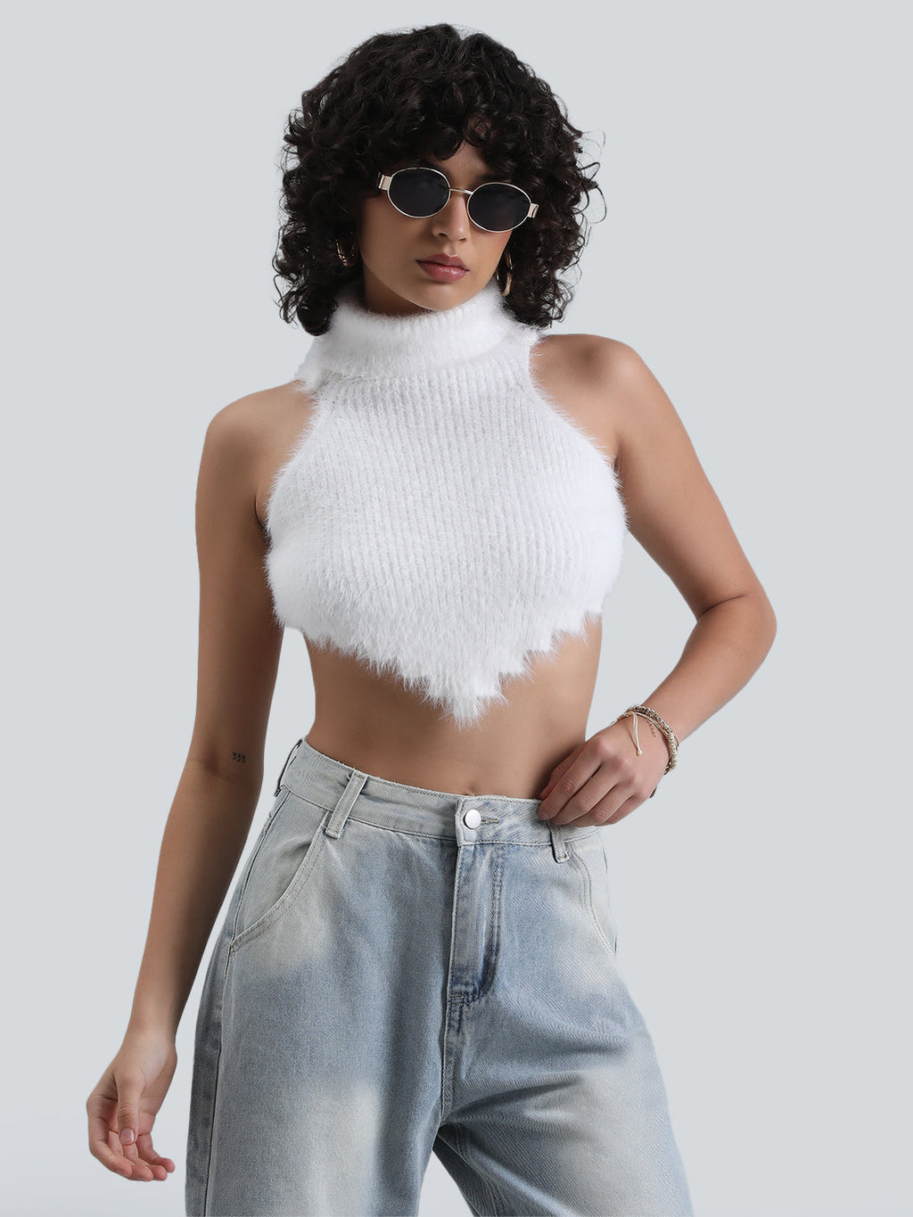 Women's White Fuzzy Ribbed Backless Halter Neck Crop Top