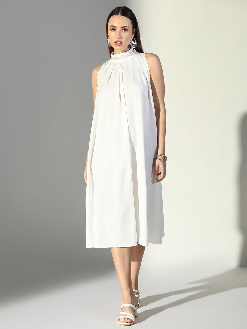 Women's Embellished Neck White Pleated Midi Dress