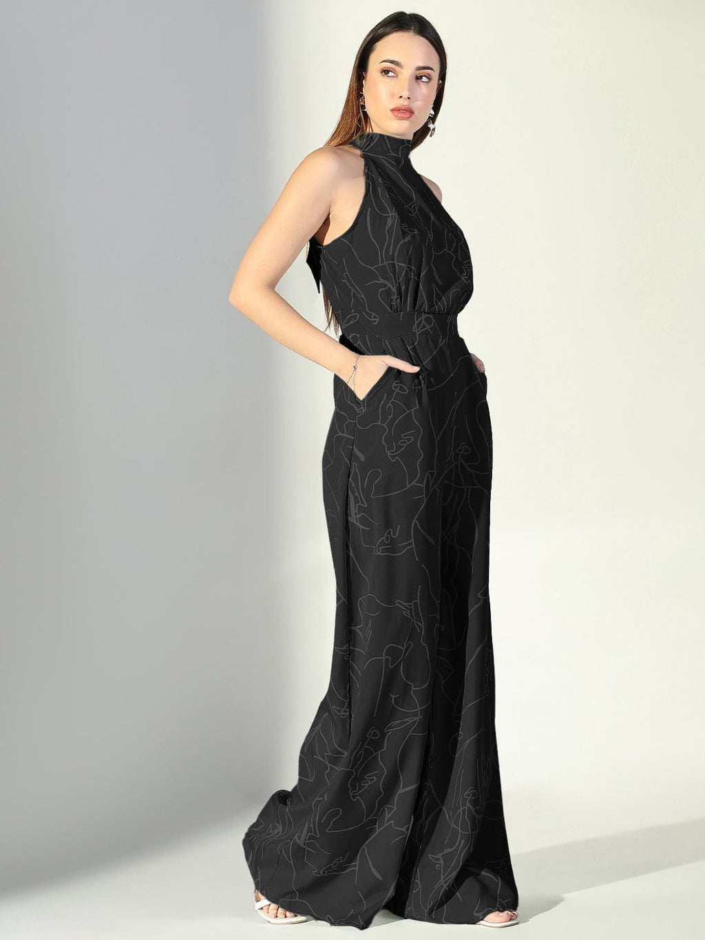 Women's Abstract Print Black Halter Neck Jumpsuit