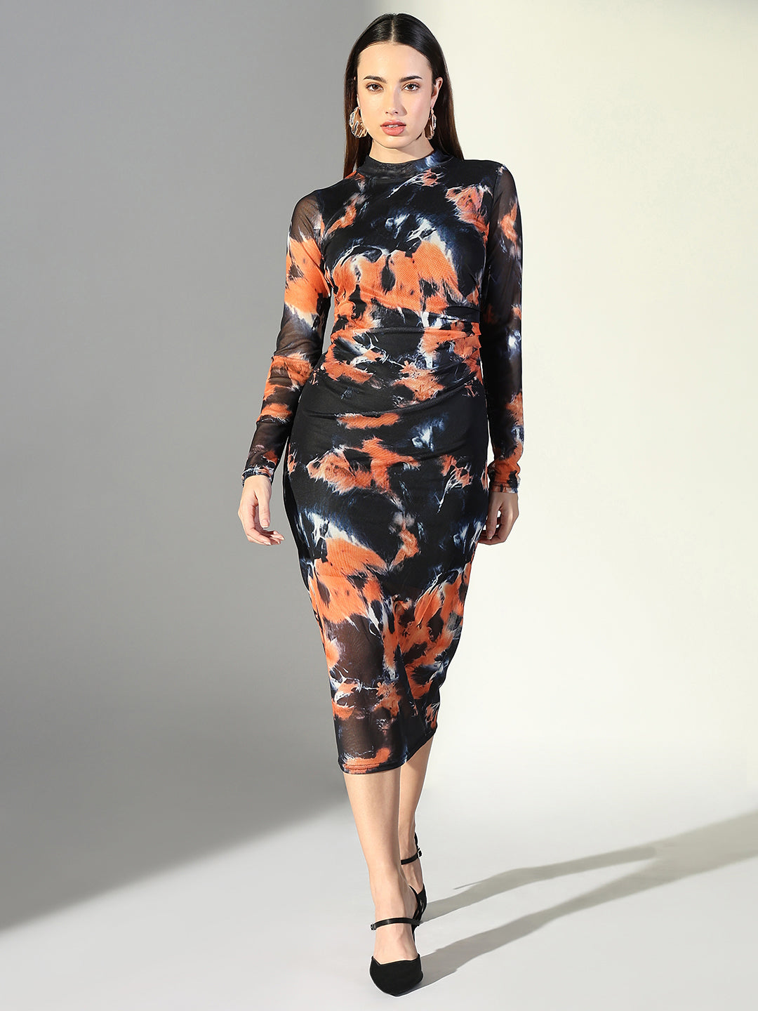 Women's Abstract Print Black High Neck Full Sleeves Bodycon Dress