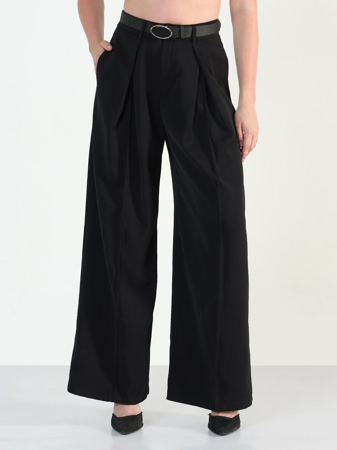 Women's Black Relaxed Fit Korean Pants with Belt