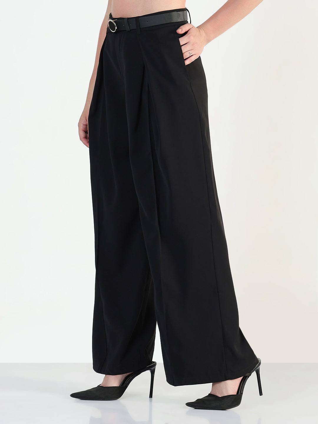 Women's Black Relaxed Fit Korean Pants with Belt