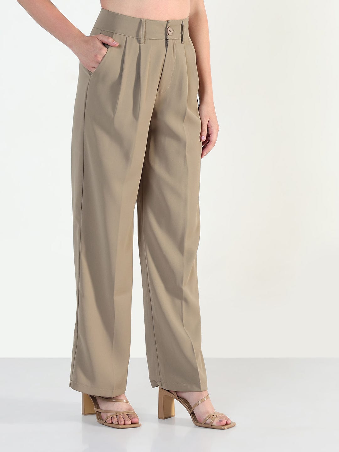Women's Beige Straight Fit Korean Pants