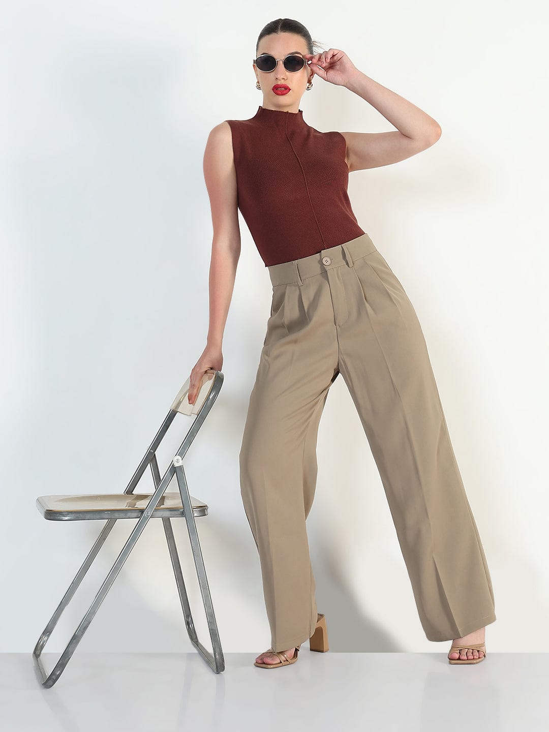 Women's Beige Straight Fit Korean Pants