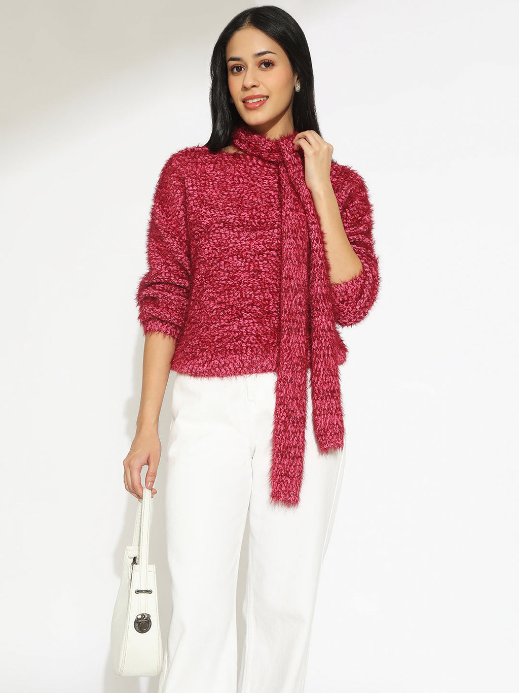 Women's Pink Fuzzy Knit Top with Tie Neck Detail